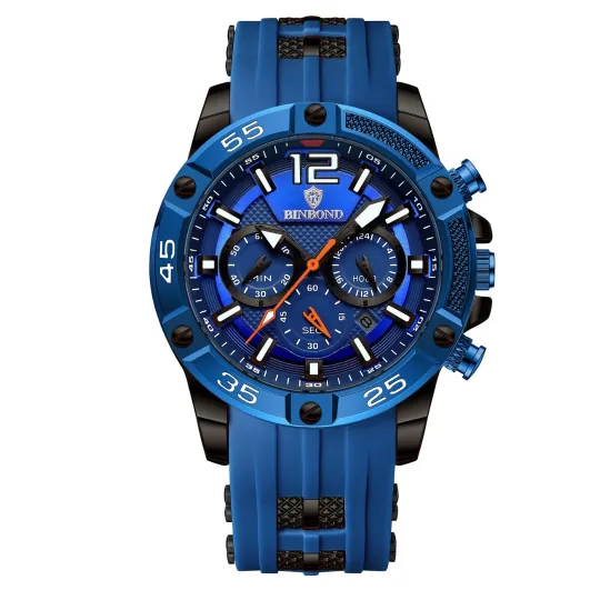 Binbond Men’s Chronograph Watch – Blue Dial & Sporty Silicone Strap